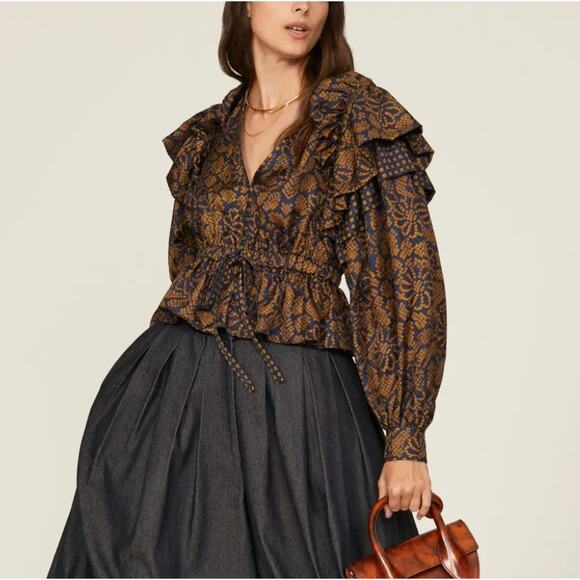 Ulla Johnson Tops - Ulla Johnson Brown Floral Peasant Top Size 0 Peplum Silk Cottage Designer $500